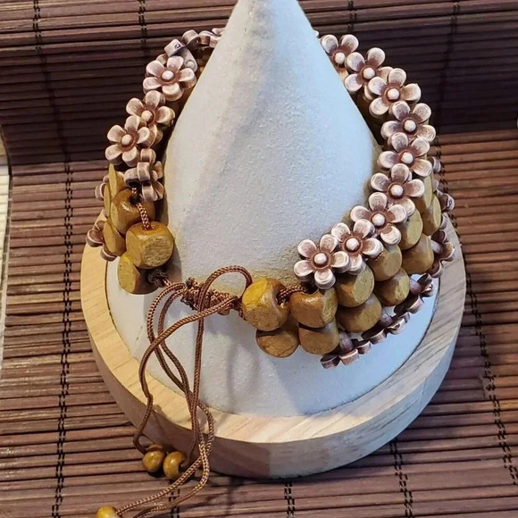 90s Y2K Vintage Brown Wood Mauve Purple Acrylic Flower Beads Adjustable Bracelet - Picture 5 of 10